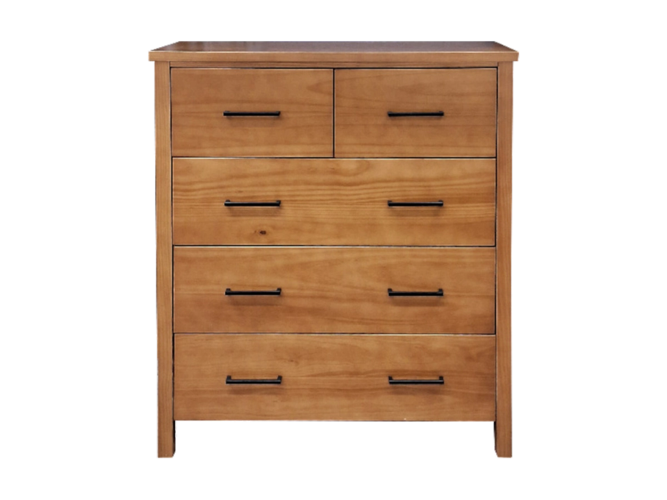 Tokoroa five drawer pine tallboy in a light rimu stain.