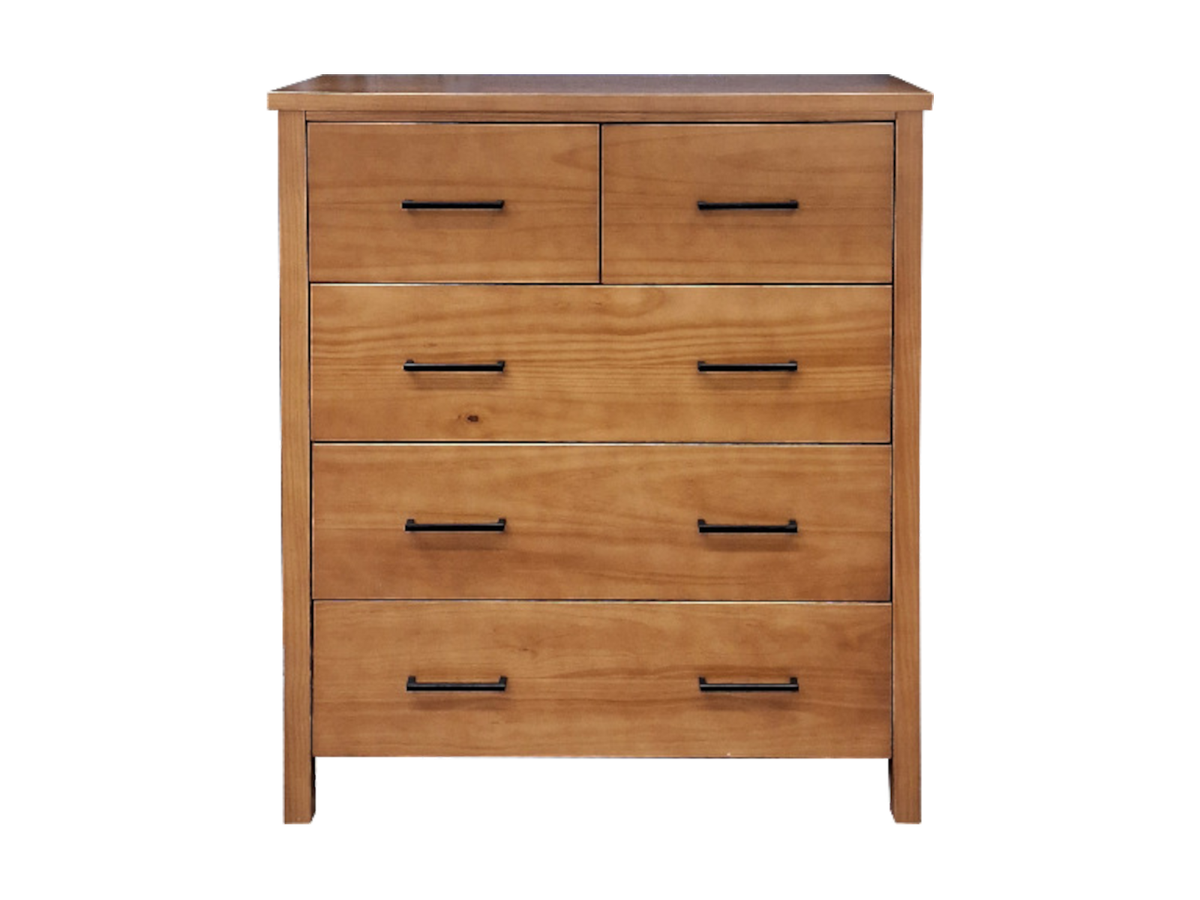 Tokoroa five drawer pine tallboy in a light rimu stain.