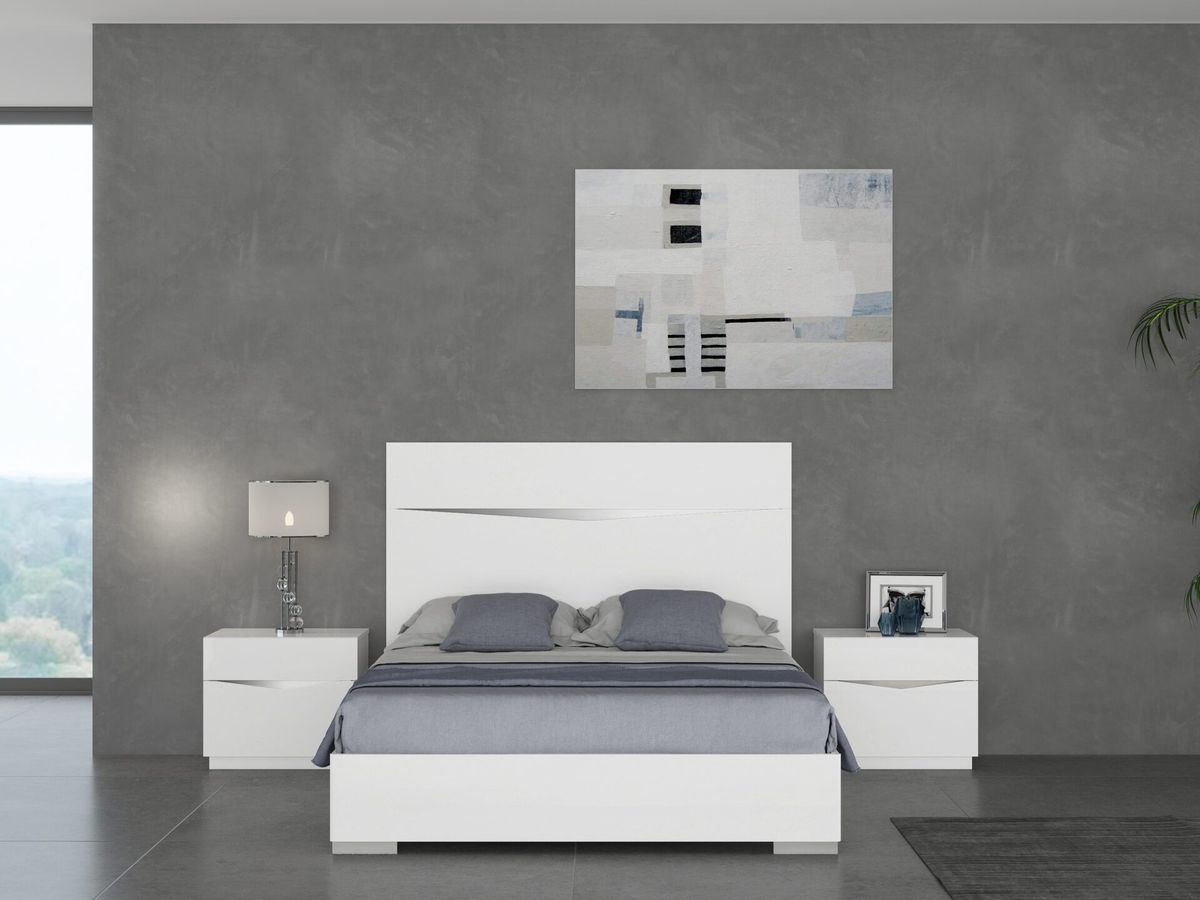 Orewa bed frame in high-gloss white, styled bedroom.