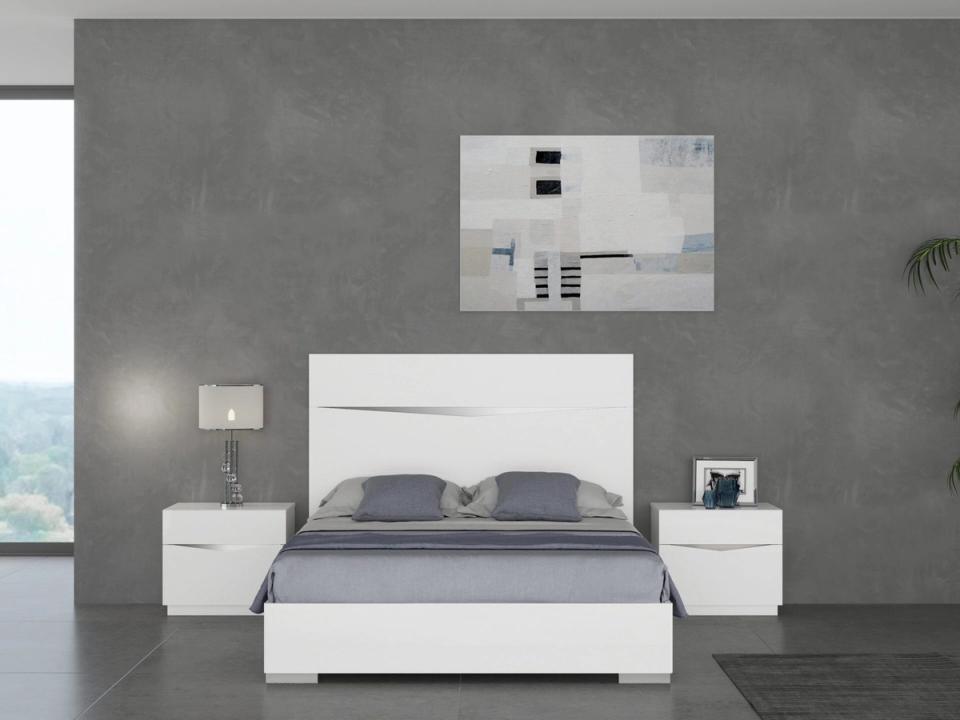 Orewa bed frame in high-gloss white, styled bedroom.
