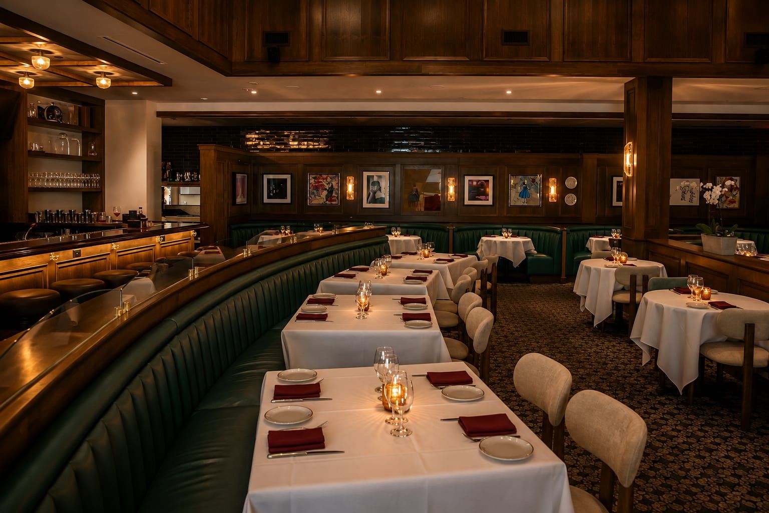 Curved green banquette with a row of white-clothed tables and burgundy napkins