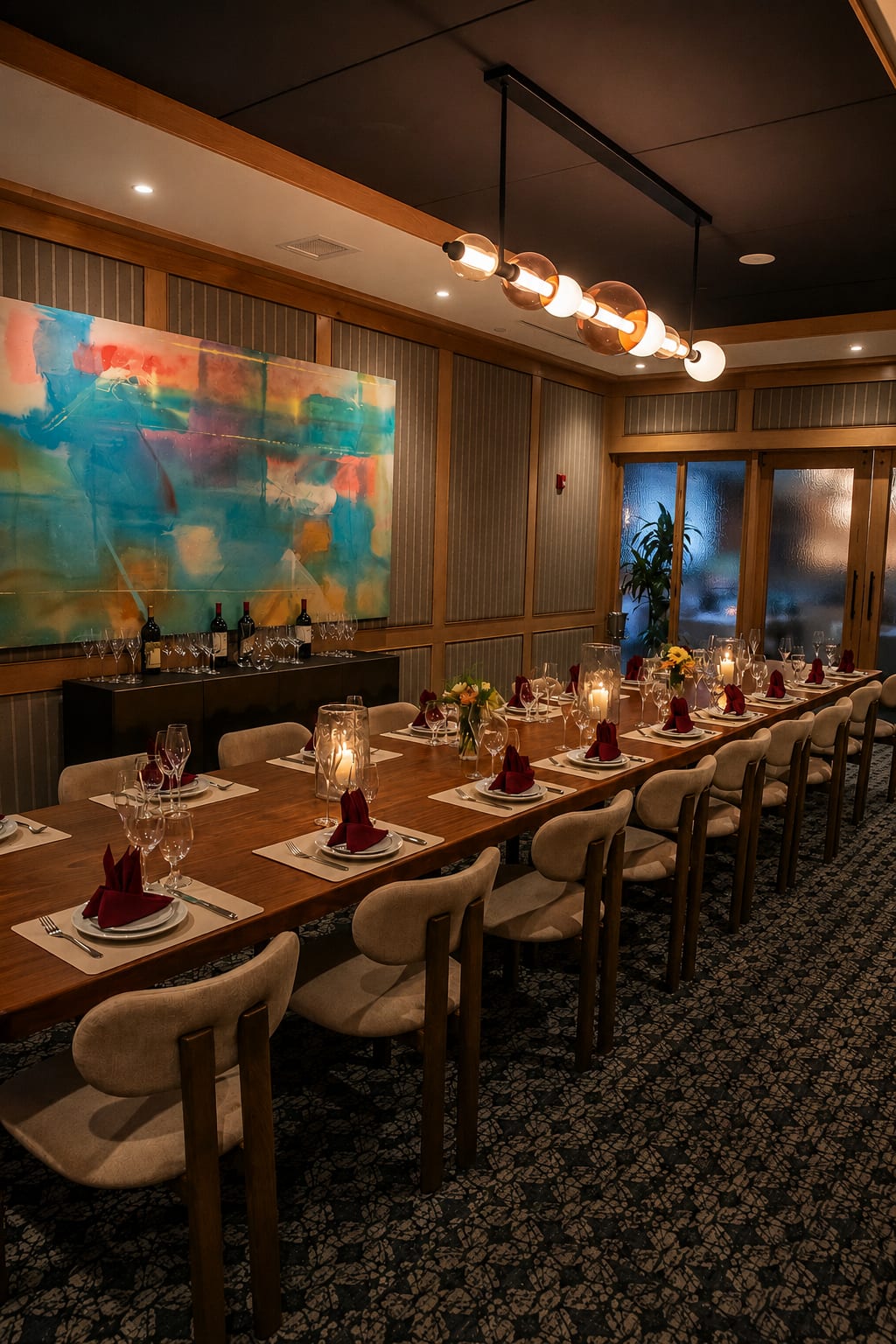 Private dining room with a long set table beneath a colorful abstract painting