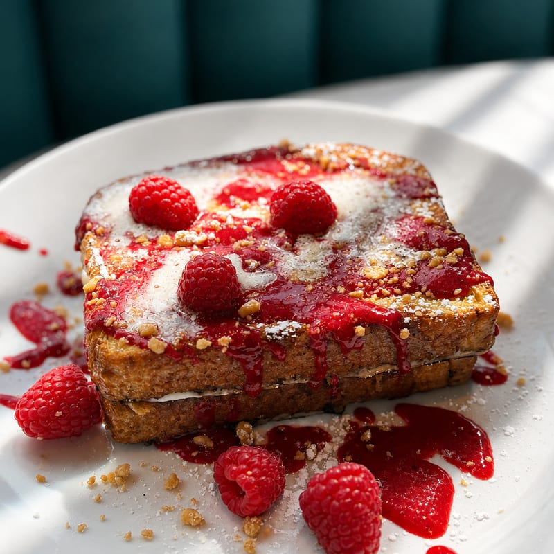 Berry-stuffed French toast dusted with sugar and raspberries