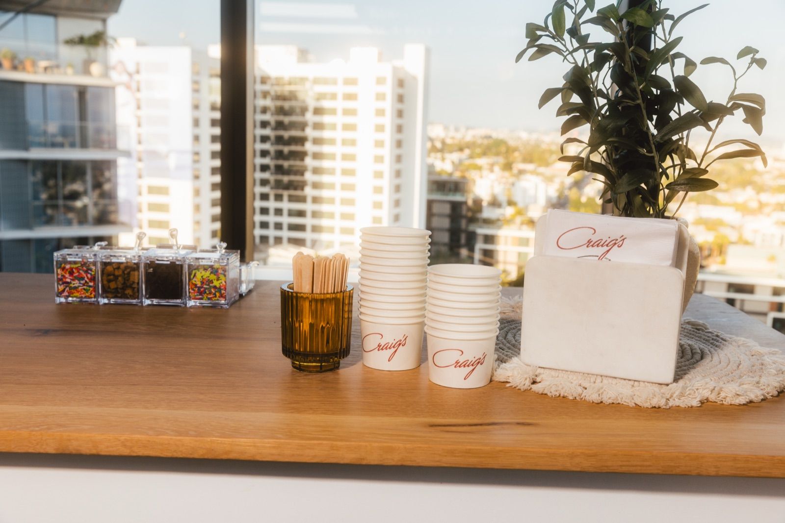 Craig's branded cups, wooden stirrers, and sundae toppings on a counter with a city skyline view