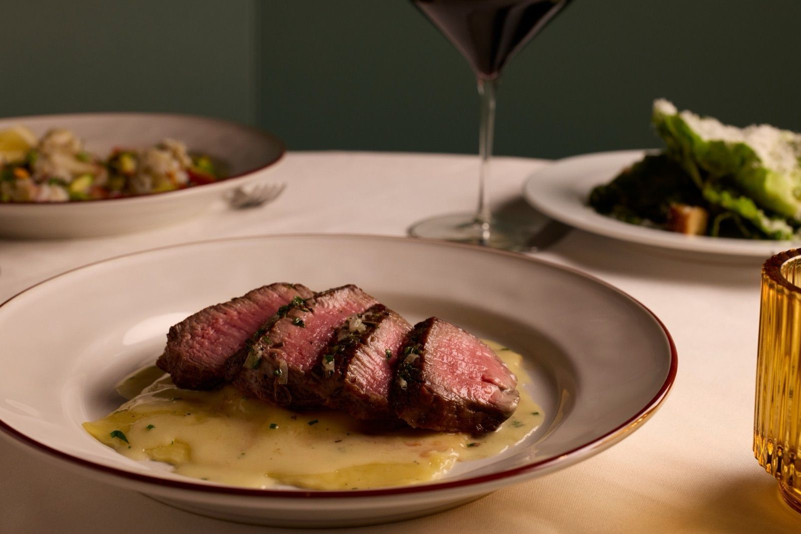 A carved steak entrée