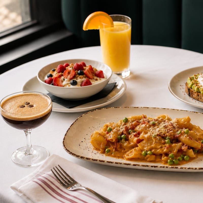 A pasta plate with avocado toast and orange juice at brunch