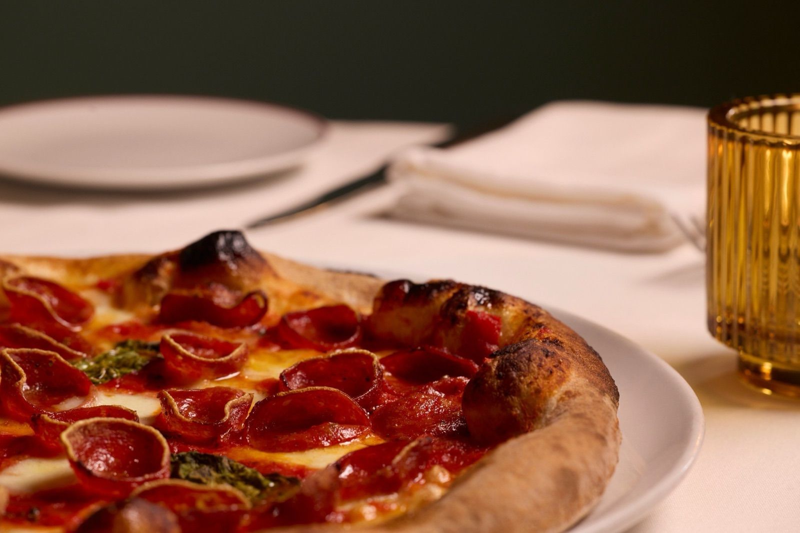 A wood-fired pizza fresh from the oven