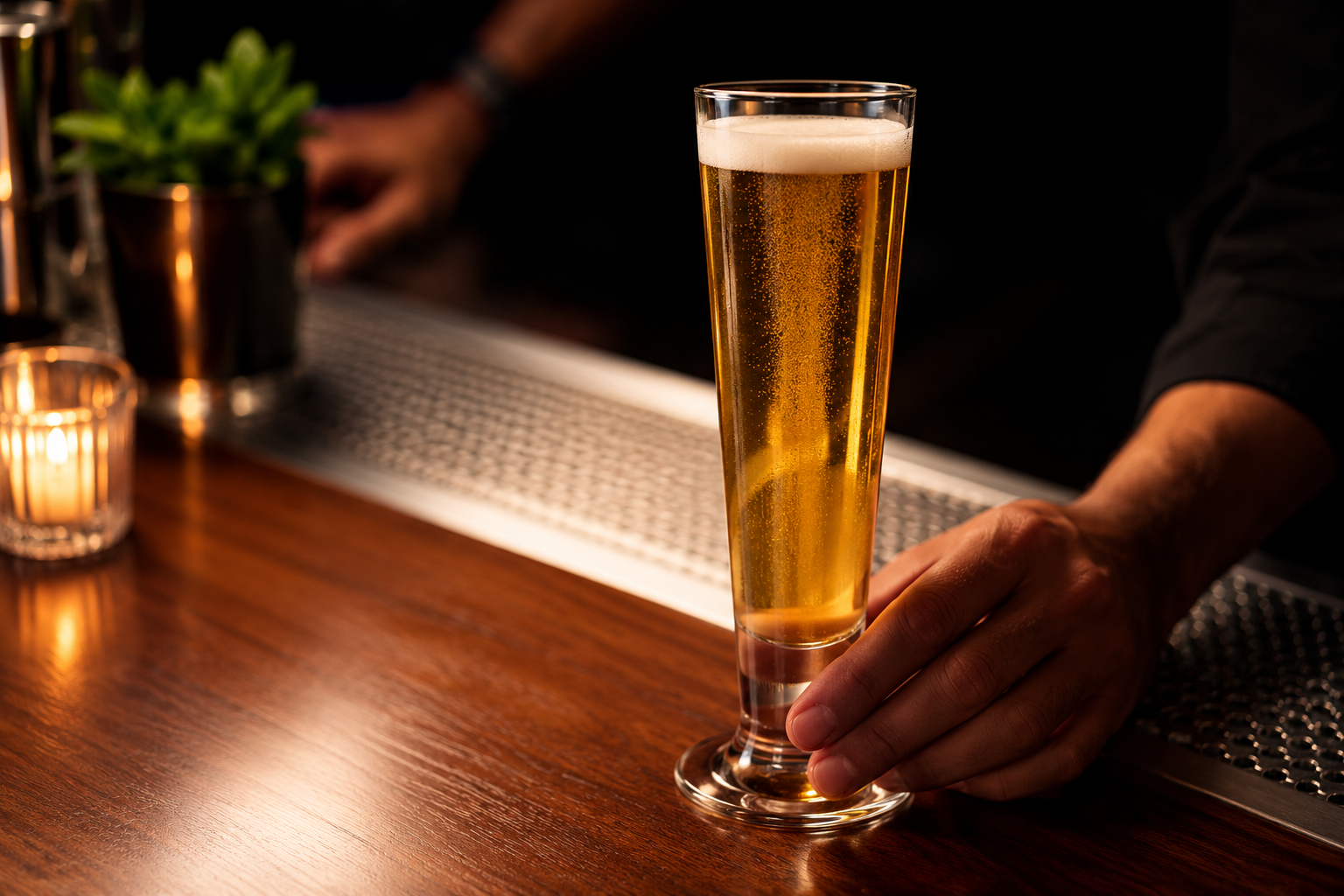 Bartender presenting beer at bar.