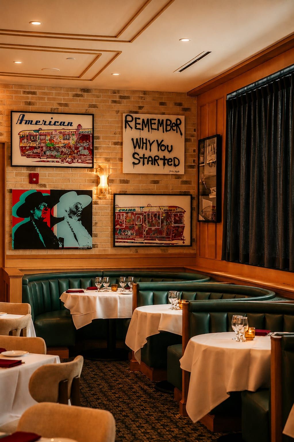 Corner banquette beneath western pop art and a 'Remember Why You Started' sign