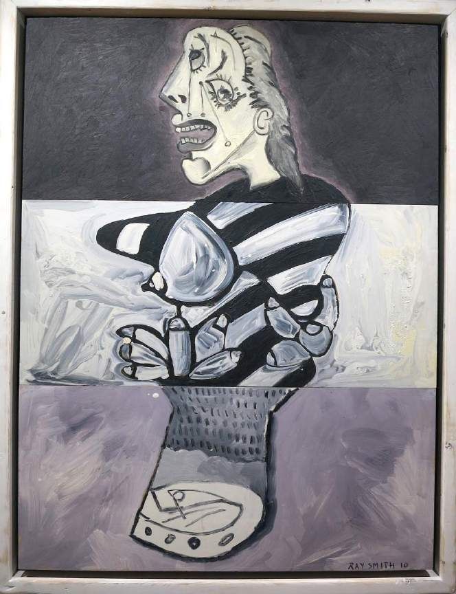 Ray Smith, Unguernica III-5, 2010. Oil on wood: a fragmented, cubist-style figure in black, white and gray.