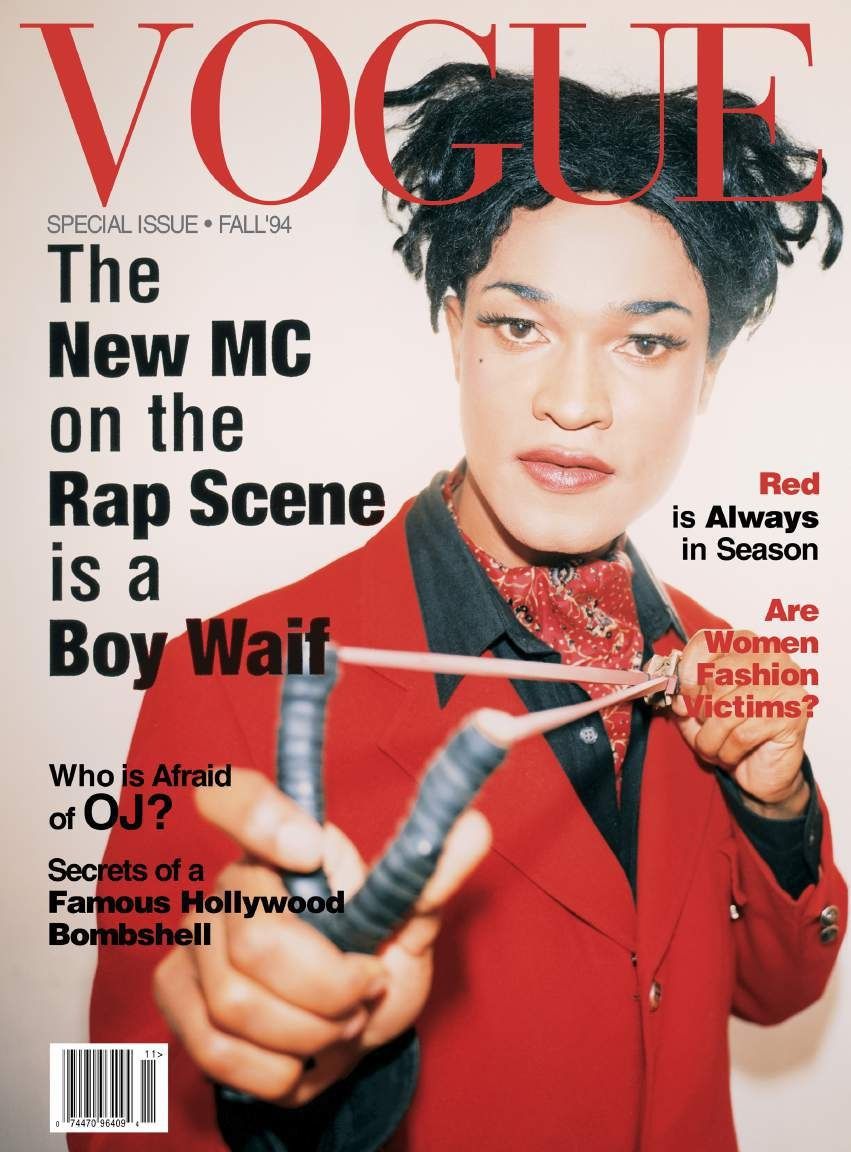 Ike Ude, Vogue, from the Cover Girl series, 1999. Flex print: a mock Vogue cover with a figure in a red jacket holding a slingshot.