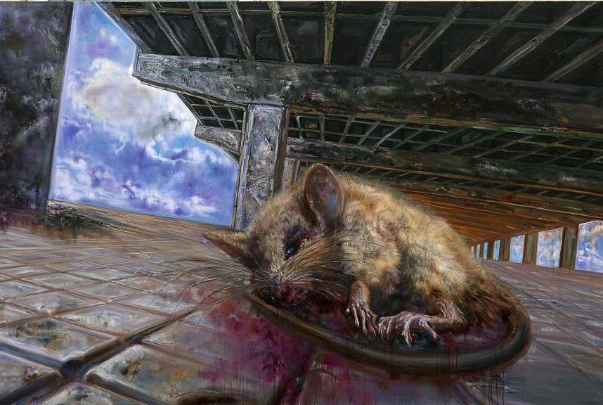 Zhang Xiaotao, Dream of Heaven. Painting: a large wounded rat lying in a pool of blood on the floor of a ruined industrial building, with sky showing through a broken wall.