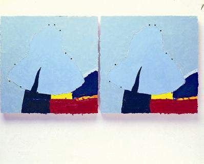 Norman Toynton, Delft, 1988. Oil on pegboard: two light blue panels side by side with dark blue, yellow and red shapes.
