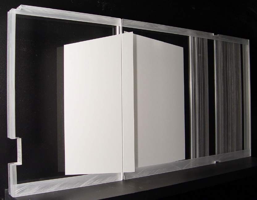 James Busby, One Hundred Forty Five, 2006. Gesso on acrylic polycast: a white relief panel with a recessed rectangular opening.