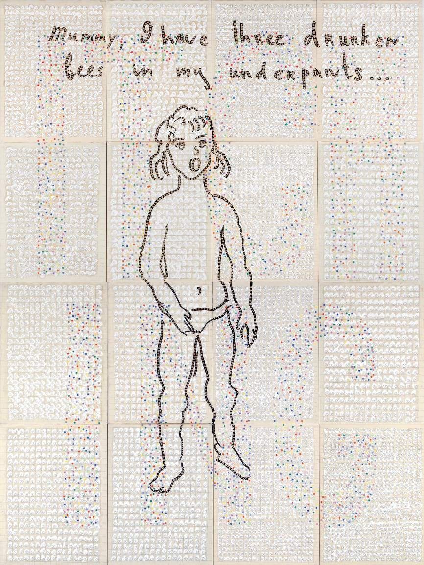 Gia Edzgveradze, Mummy I have..., 2005. Oil, pencil and confetti on perforated paper: an outline drawing of a child beneath a handwritten line of text.