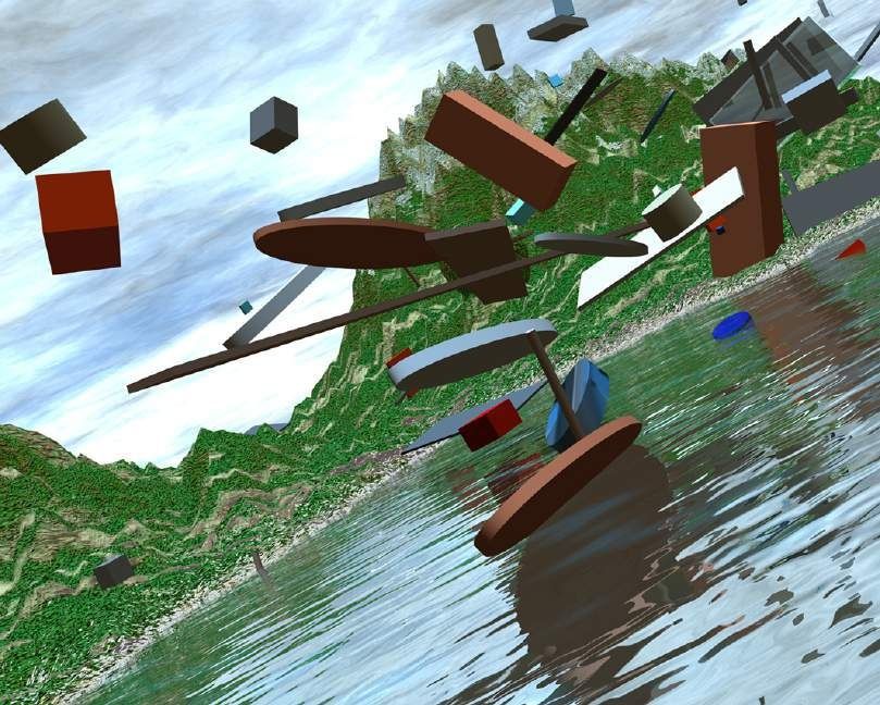 Markus Wetzel, All Over Now (0560), 2006. Lambda print: floating fragments of buildings and debris over a green landscape.