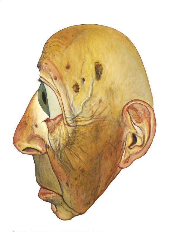 Miki Carmi, Dad, 2009. Oil on canvas: the profile head of a bald older man on a white ground.