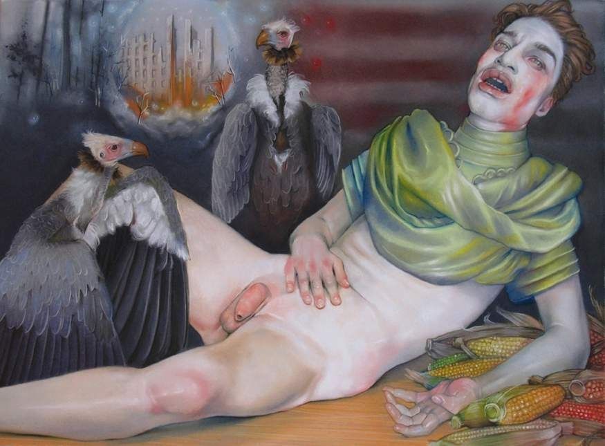 Barnaby Whitfield, Little Deaths, All the Same (The Artist as an Expiring European Honey Bee), 2008. Pastel on paper: a theatrical scene with a reclining figure.