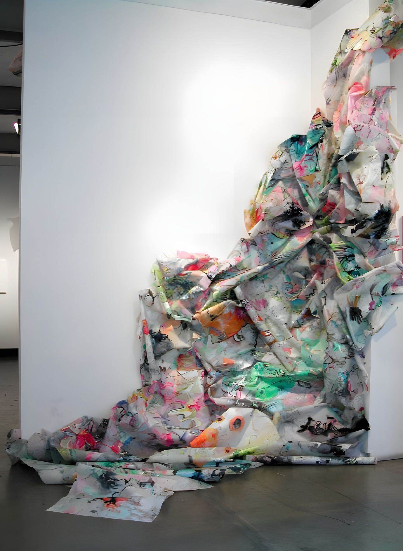 Anna Jóelsdóttir, Installation 1: priest chews velvet haddock, 2009. Acrylic and ink on mylar: crumpled, painted sheets cascading down a gallery wall to the floor.
