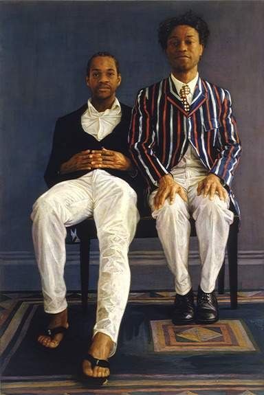 Brenda Zlamany, Double Portrait #1 (Lyle and Ike), 1998. Oil on panel: two men seated side by side, one in a dark jacket and one in a striped blazer.
