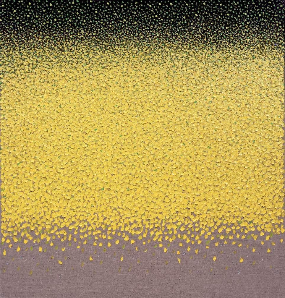 Kuno Gonschior, Novalis X - VIII, 2007. Gel and acrylic on canvas: dense yellow dots over a gray ground.