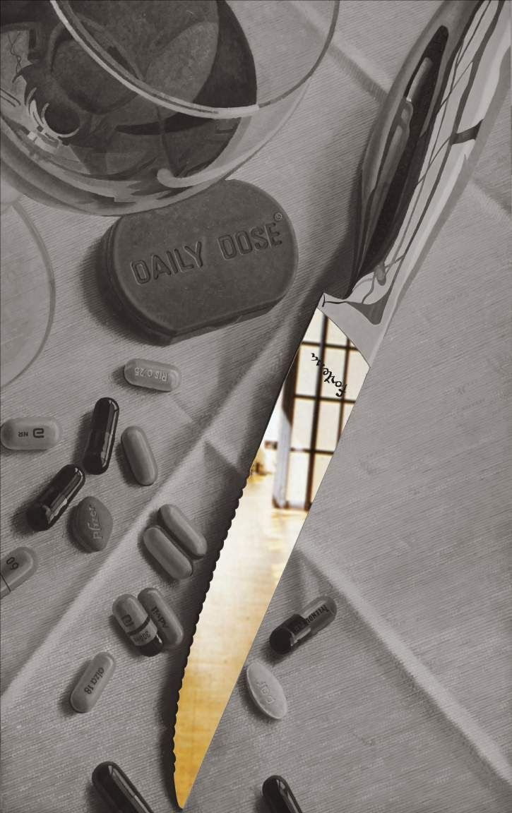 Shimon Okshteyn, Daily Dose, 2008. Oil on mirror: oversized pills and a razor blade in gray tones.