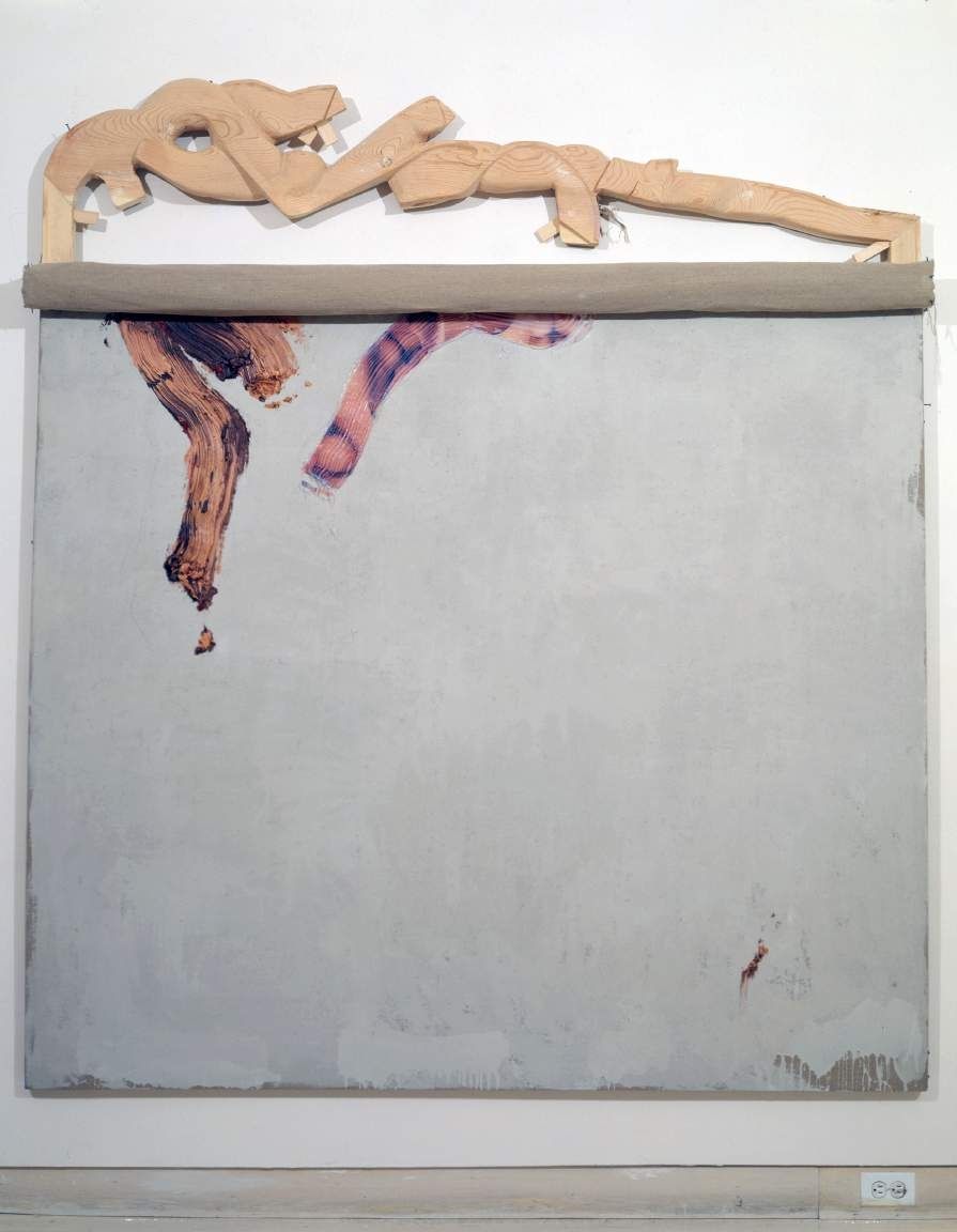 Fabian Marcaccio, Subject And And And Object, 1991. Oil, collograph and silicone on linen with carved wood: a gray field with flesh-toned and red forms along the top.