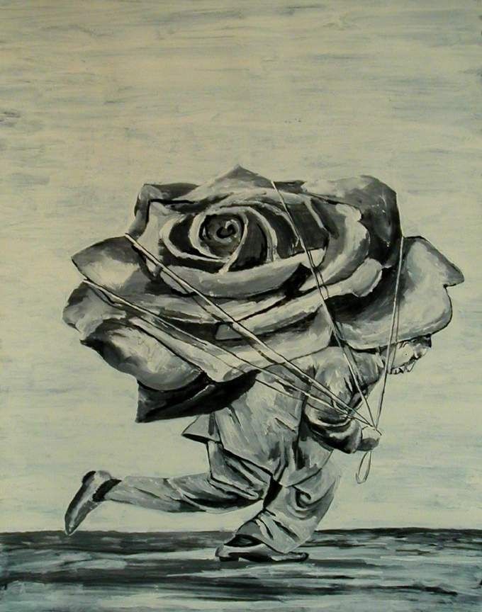 Nicky Nodjoumi, Study for Being Mad is Totally Alright, 2002. Acrylic and gouache on paper: a large rose rising from a flattened figure in gray tones.
