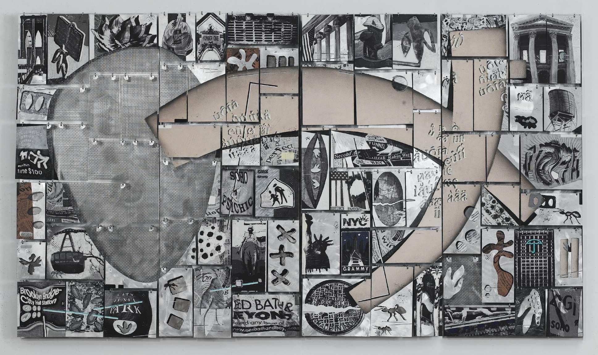 Zigi Ben-Haim, Pathway To Reality H-34, 2003. Wire mesh, canvas, paper, alkyd and enamel on aluminum: a large grid of black-and-white image fragments.
