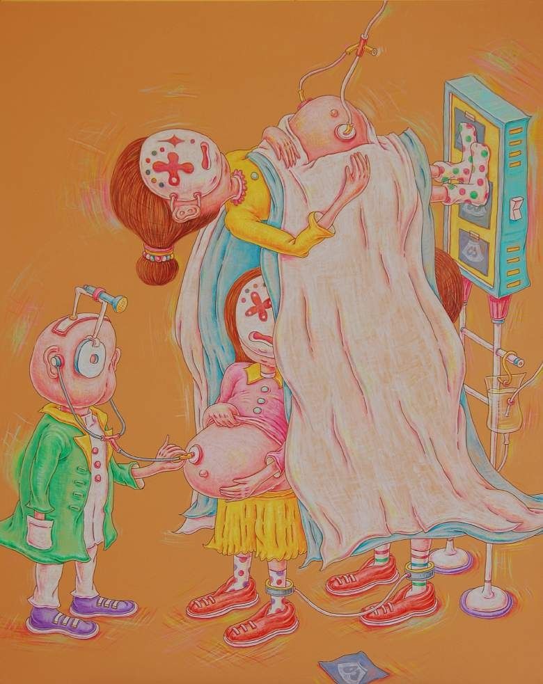 Akikazu Iwamoto, How To Make Twins, 2013. Acrylic on canvas: cartoon-like figures in a pastel scene.