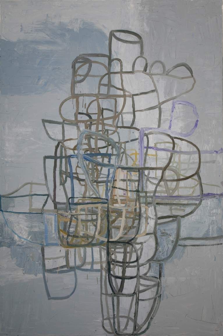 Margaret Evangeline, Time Bomb, 2011. Oil on canvas: a loose tangle of linear marks on a pale ground.