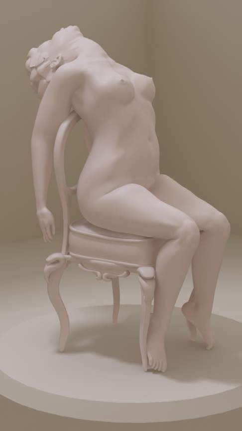 Claudia Hart, The Seasons, 2009. Still from a 3D animation: a white sculpted female figure seated on a chair.