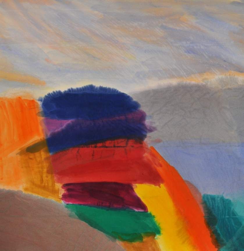 Ronnie Landfield, A Northern Voice, 2015. Acrylic on canvas: soft bands of orange, red, blue and green in a hazy, landscape-like field.