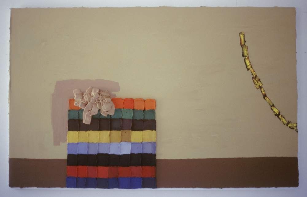 Jennifer Reeves, Place (5-22), 1998. Acrylic and oil on birch panel: a stack of multicoloured horizontal bands beside a hanging chain on a pale ground.