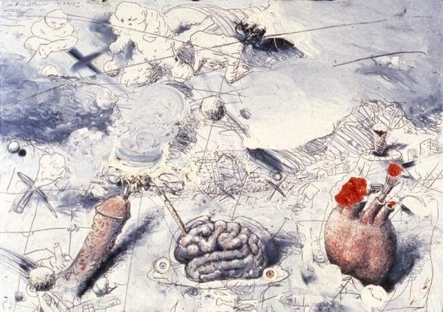 Gerry Bergstein, Elements of Style, 1985. Oil on paper: small drawn objects, including a brain and a carrot, scattered across a pale sketchy field.