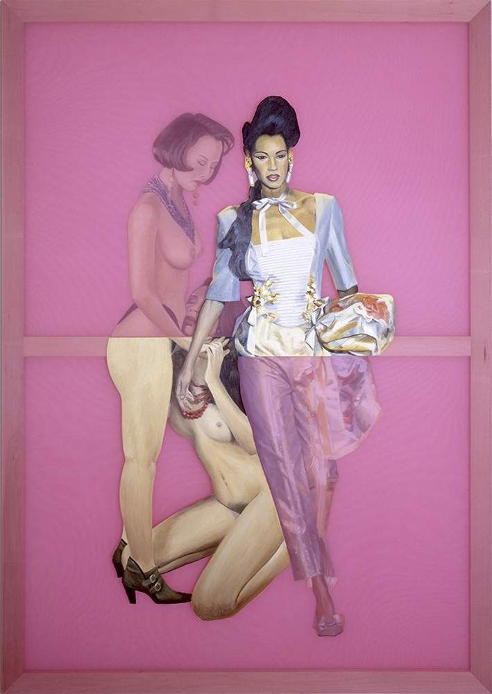 Joanne Tod, Event Horizon, 1993. Oil on two layers of polyester: a fashionably dressed woman standing beside a crouching figure on a pink ground.
