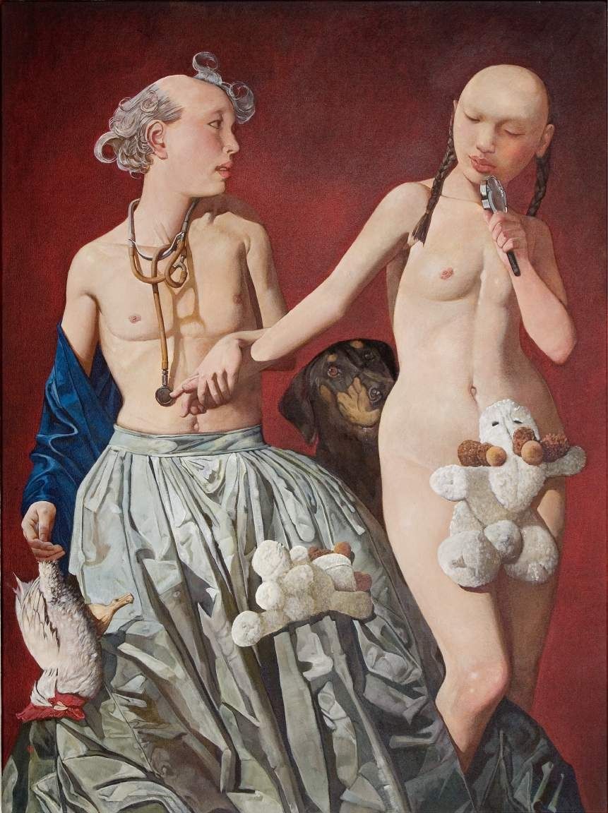 Wei Dong, Touch 3, 2006. Acrylic on canvas: two pale figures, partly nude, with red drapery in a stylized scene.