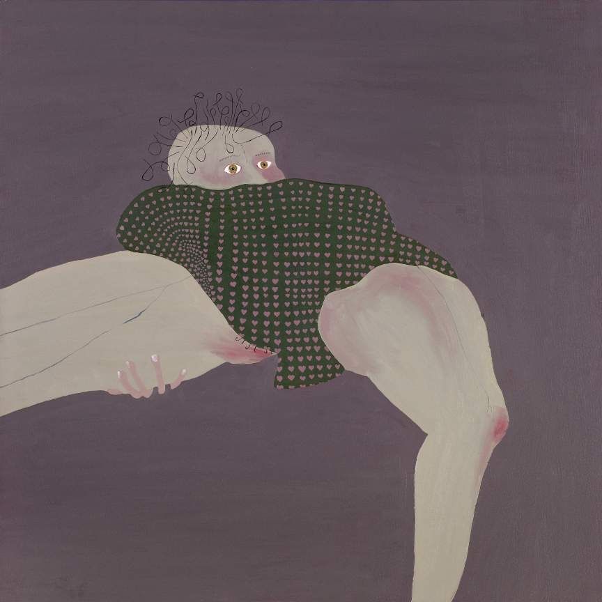 Thordis Adalsteinsdottir, Cynthia, 2002. Acrylic on canvas: a reclining woman in a green patterned top on a mauve ground.