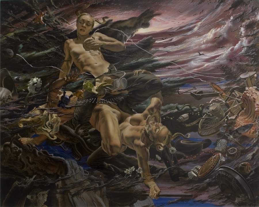 Nicola Verlato, A New Era is Coming, 2006. Oil on linen: a turbulent mass of tumbling figures in dark, muted tones.