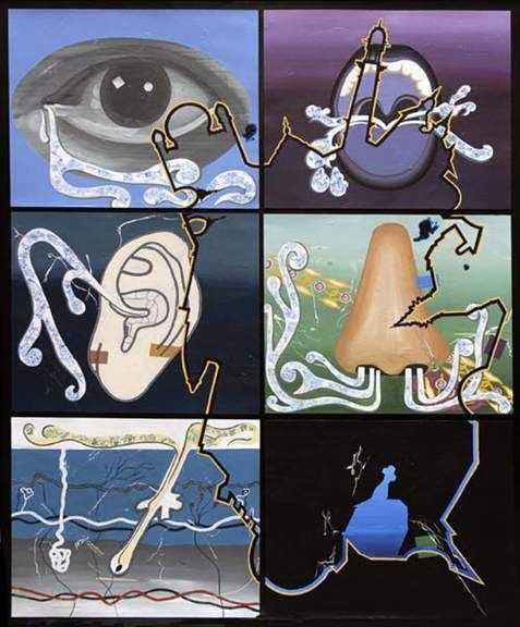 Reena Saini Kallat, Salt Lines II, 2007. Acrylic and carbon on board: six panels with an eye, an ear, a nose and other forms linked by thin lines.