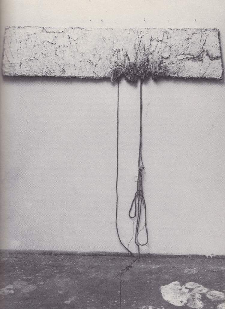 Gerhard Hoehme, S’amje, 1957. Oil and chalk on wood and canvas with cords: a horizontal painted panel on the wall with cords hanging to the floor.