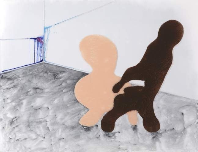 Joseph Zehrer, Eggheads, 2007. Plexiglas, silicone, acrylic and canvas: two cut-out figure shapes, one pink and one dark brown, in the corner of a white room with a gray mottled floor.