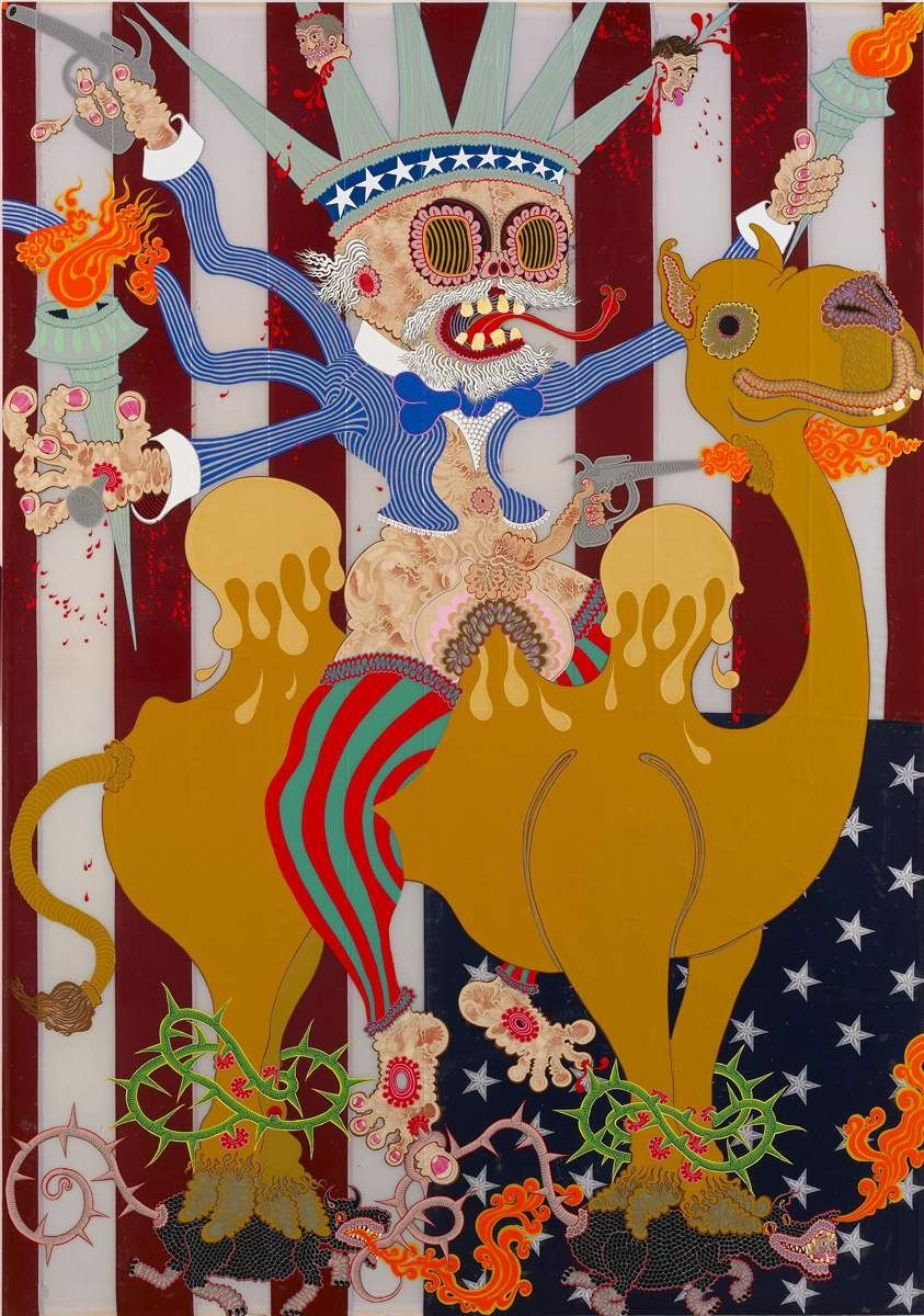 Aaron Johnson, The Second Coming of Uncle Sam, 2008. Acrylic polymer and pigment on a polyester flag: a stars-and-stripes Uncle Sam figure riding a yellow camel.