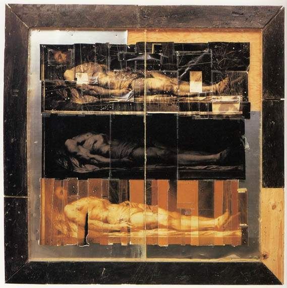 Doug and Mike Starn, Triple Christ, 1986: toned photographs of a reclining Christ figure, taped together in a wooden frame.