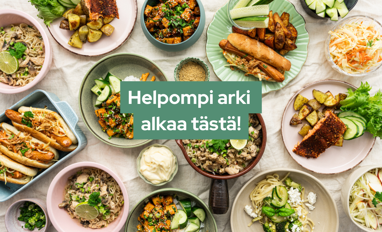 Variety of prepared meals on a table with the text 'Helpompi arki alkaa tästä!' (An easier everyday life starts here!).