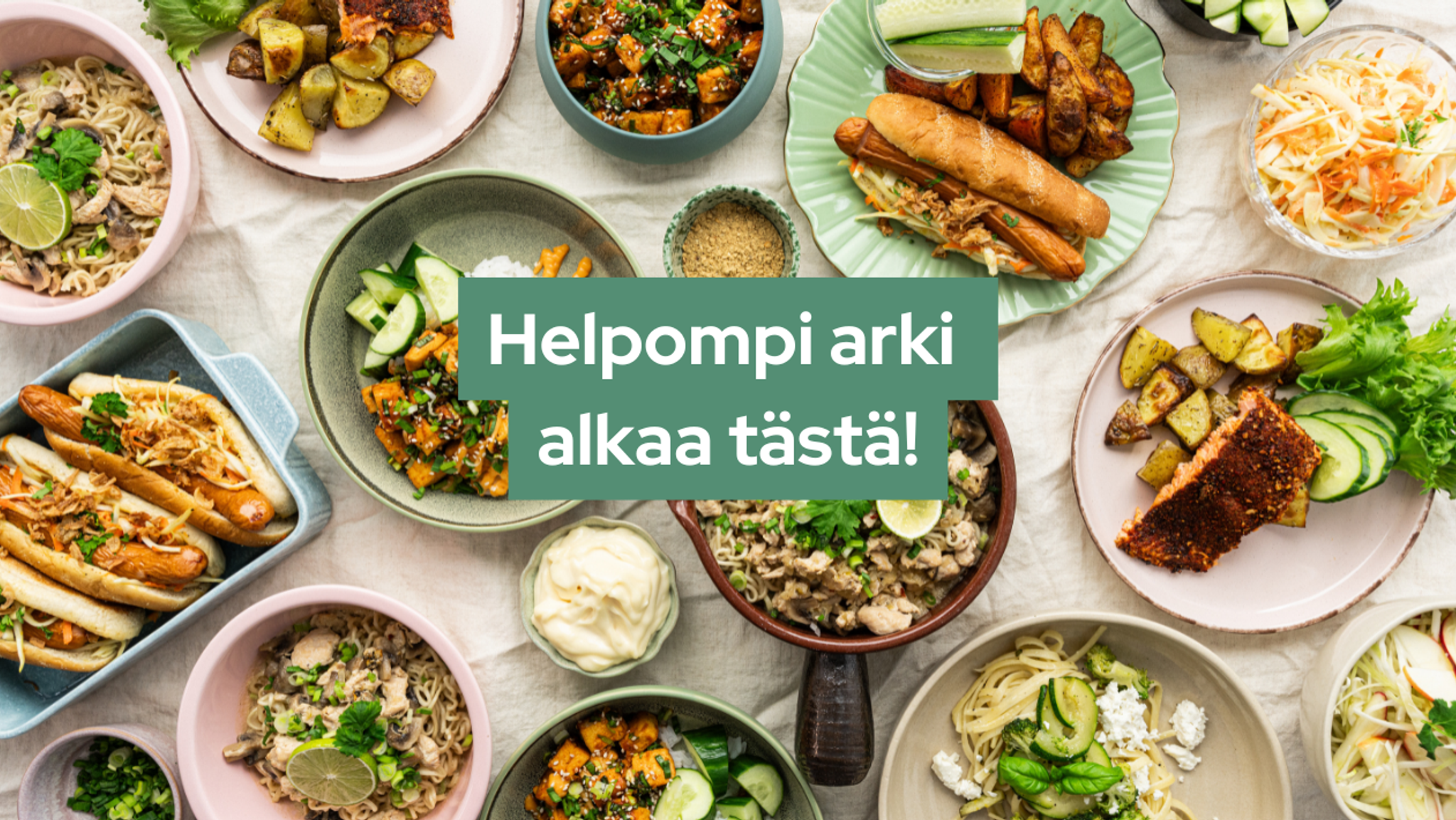 Variety of prepared meals on a table with the text 'Helpompi arki alkaa tästä!' (An easier everyday life starts here!).