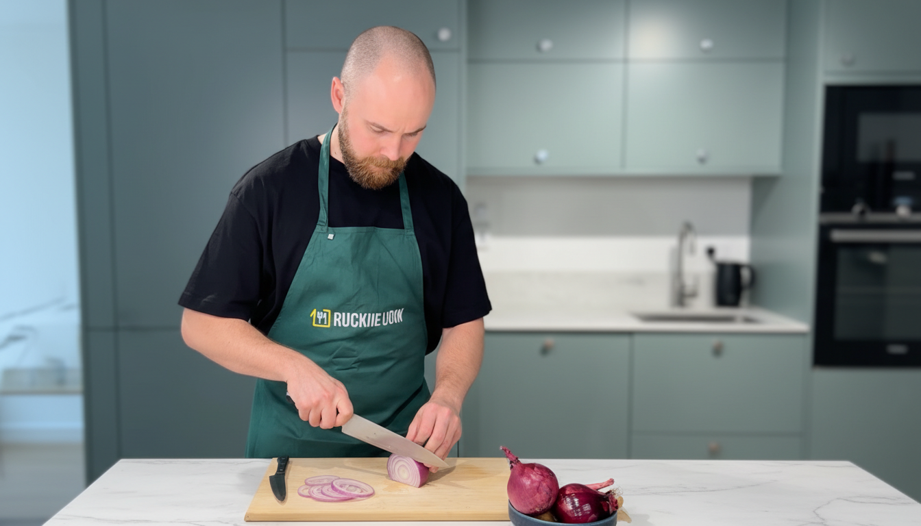 Kokki leikkaamassa sipuleita keittiössä