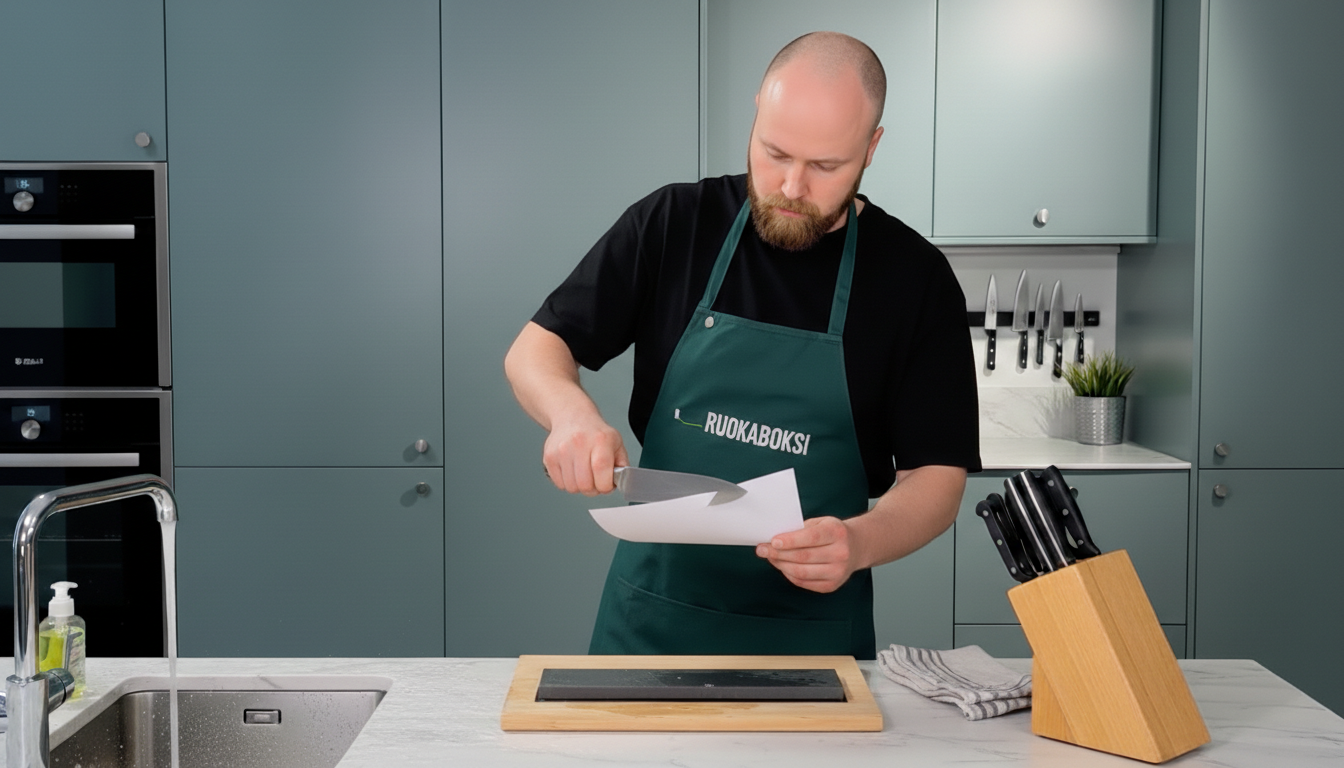 Kokki teroittamassa veistä keittiössä