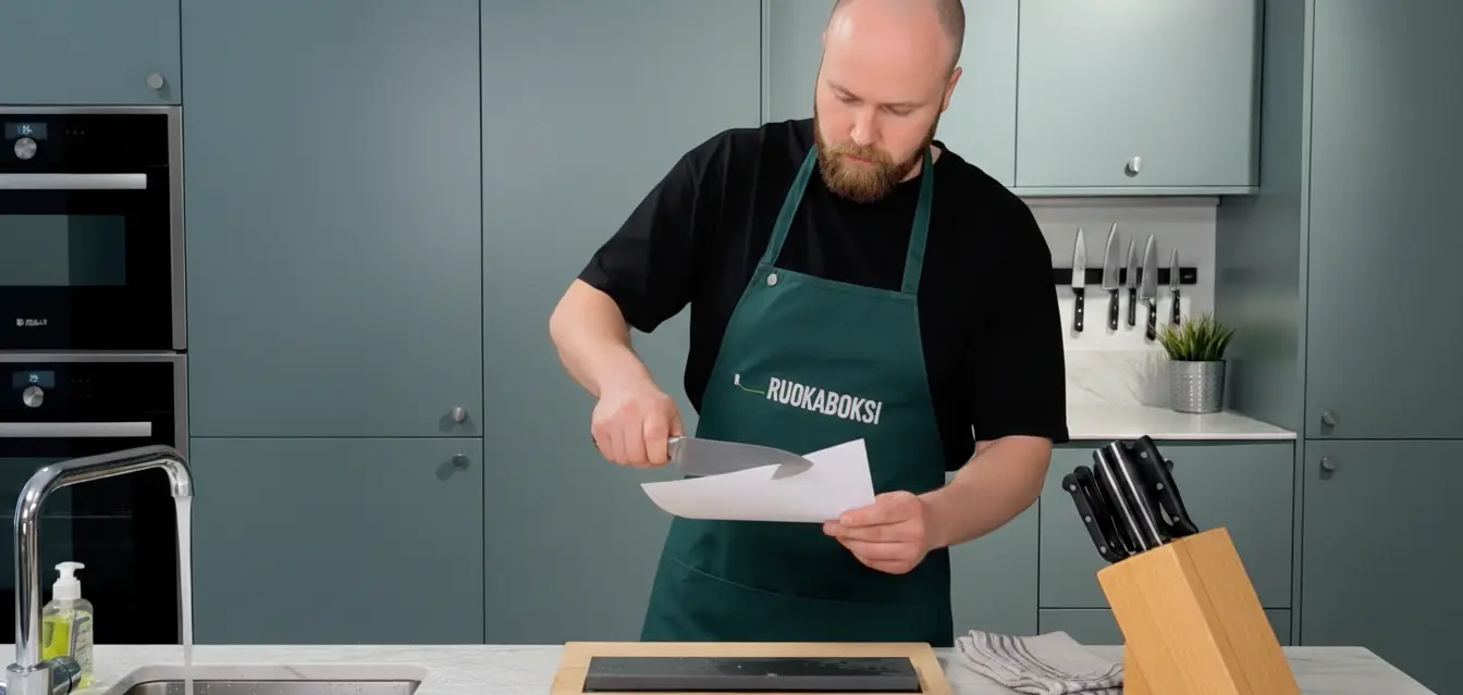 Kokki teroittamassa veistä keittiössä