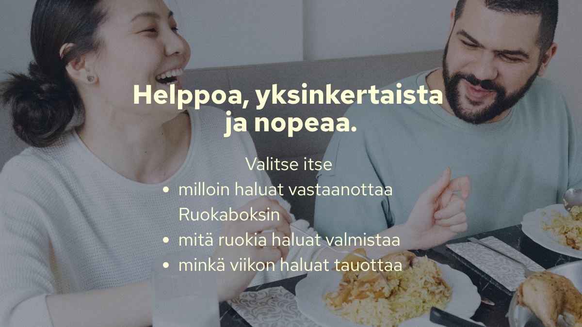 A smiling couple eating a meal, with Finnish text promoting an easy meal kit service.